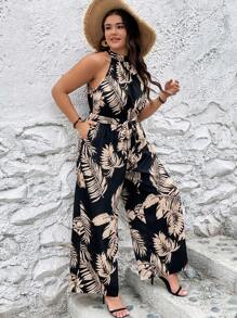 SHEIN VCAY 大碼熱帶圖案腰帶繞頸連體褲 - 黑色 - 查看 1