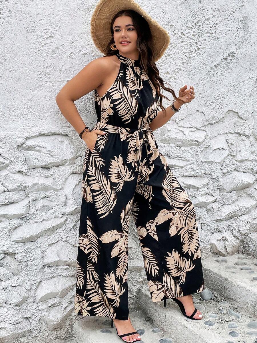 SHEIN VCAY 大碼熱帶圖案腰帶繞頸連體褲 - 黑色 - 查看 1