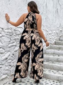 SHEIN VCAY 大碼熱帶圖案腰帶繞頸連體褲 - 黑色 - 查看 2