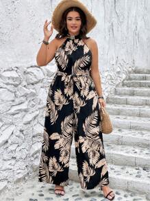 SHEIN VCAY 大碼熱帶圖案腰帶繞頸連體褲 - 黑色 - 查看 4
