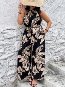 SHEIN VCAY 大碼熱帶圖案腰帶繞頸連體褲 - 黑色 - 查看 5