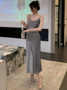 DAZY Váy dạ hội trễ vai xếp ly phía trước - Xám - Xem 4