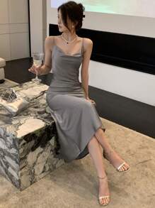 DAZY Váy dạ hội trễ vai xếp ly phía trước - Xám - Xem 1