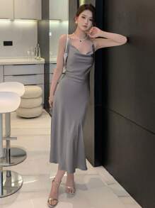 DAZY Váy dạ hội trễ vai xếp ly phía trước - Xám - Xem 7