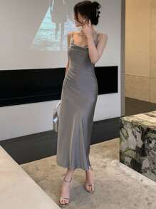 DAZY Váy dạ hội trễ vai xếp ly phía trước - Xám - Xem 8