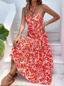Breezaya Allover Print Tie Backless Halter Dress