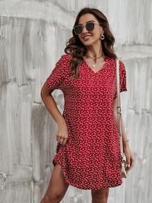 SHEIN LUNE Vestido túnico con estampado de corazón de confeti de manga murciélago - Rojo - Ver 3