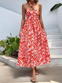 Breezaya Allover Print Tie Backless Halter Dress