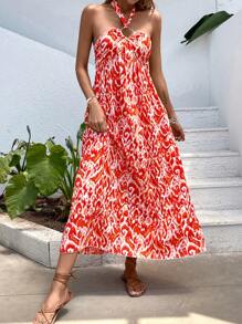 Breezaya Allover Print Tie Backless Halter Dress