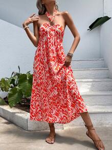 Breezaya Allover Print Tie Backless Halter Dress