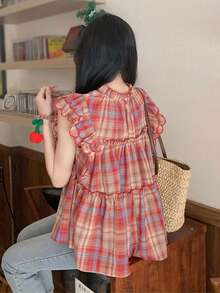 格子褶邊娃娃襯衫