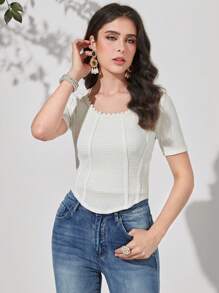 Mulvari 素色蕾絲邊前接縫T恤 - 白色 - 查看 5