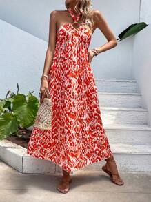 Breezaya Allover Print Tie Backless Halter Dress