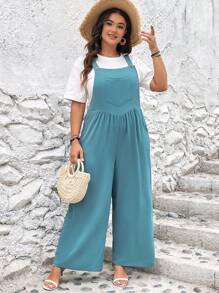 SHEIN LUNE Jumpsuits Plus Size Nút Túi màu trơn Giải trí - Màu xanh Cadet - Xem 5