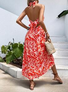 Breezaya Allover Print Tie Backless Halter Dress