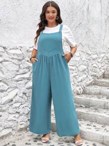 SHEIN LUNE Jumpsuits Plus Size Nút Túi màu trơn Giải trí - Màu xanh Cadet - Xem 7
