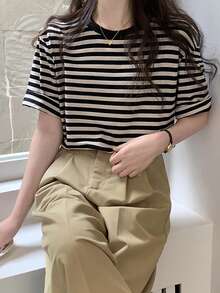 Camiseta de hombros caídos de rayas - Negro - Ver 4