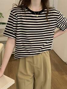 Camiseta de hombros caídos de rayas - Negro - Ver 7