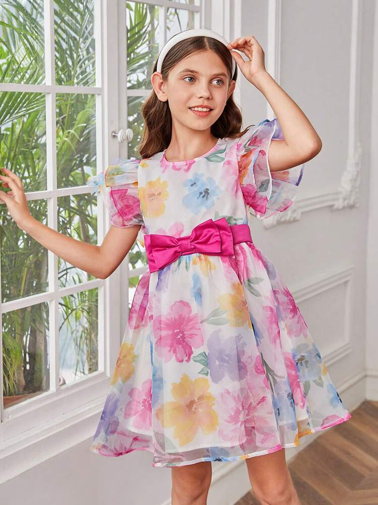 SHEIN Chicas Vestido con estampado floral ribete con fruncido con lazo delantero de organdí - Multicolor - Añade 1