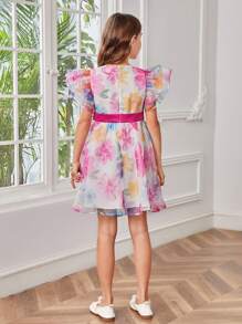 SHEIN Girls Floral Print Ruffle Trim Bow Front Organza Dress - Multicolor - View 2