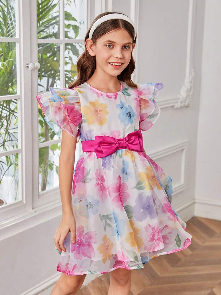 SHEIN Chicas Vestido con estampado floral ribete con fruncido con lazo delantero de organdí - Multicolor - Añade 3