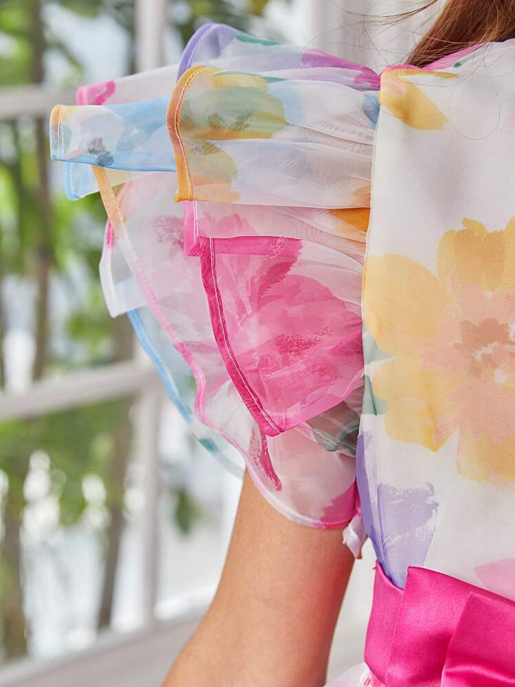 SHEIN Chicas Vestido con estampado floral ribete con fruncido con lazo delantero de organdí - Multicolor - Añade 4
