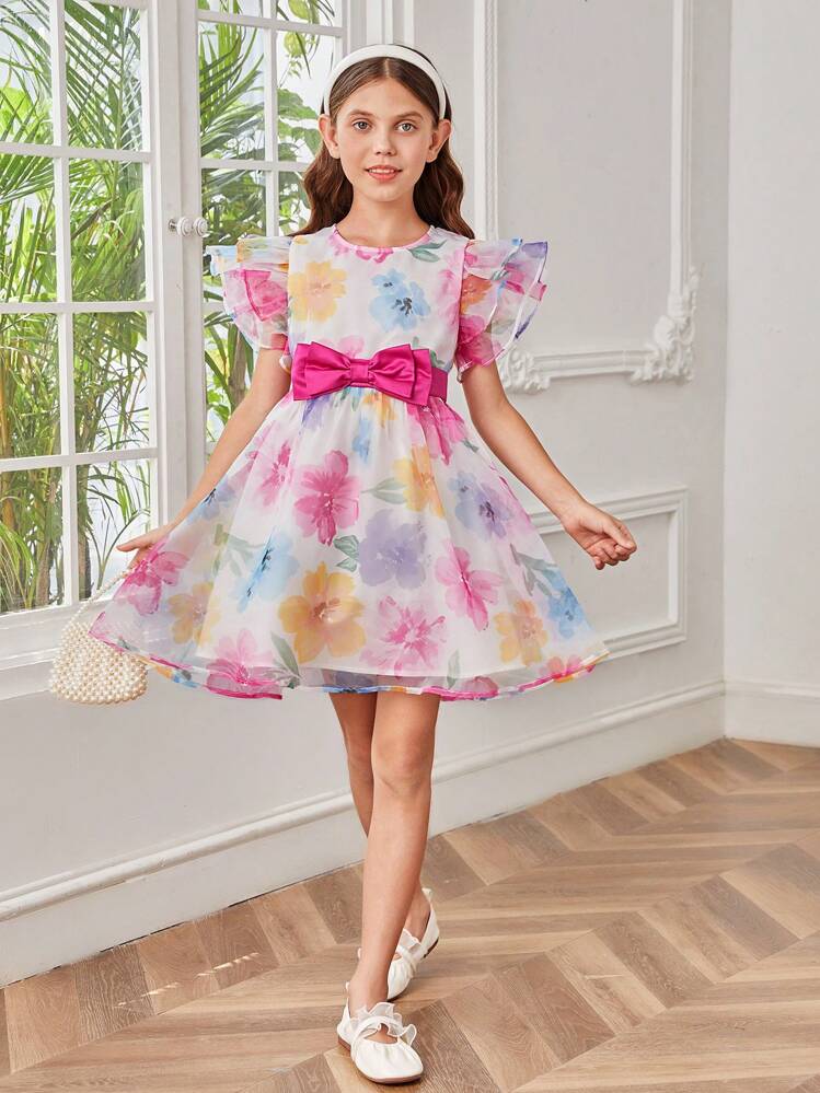 SHEIN Chicas Vestido con estampado floral ribete con fruncido con lazo delantero de organdí - Multicolor - Añade 5