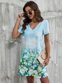 EMERY ROSE 印花V領T恤洋裝 - 彩色 - 查看 1