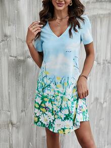 EMERY ROSE 印花V領T恤洋裝 - 彩色 - 查看 4