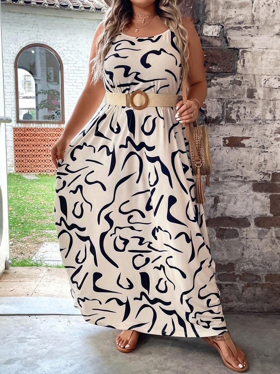 SHEIN LUNE 大碼滿版印花吊帶洋裝不附腰帶 - 杏色 - 查看 1