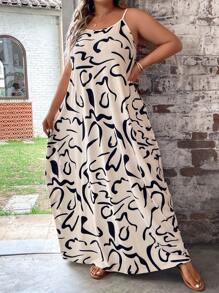 SHEIN LUNE 大碼滿版印花吊帶洋裝不附腰帶 - 杏色 - 查看 3