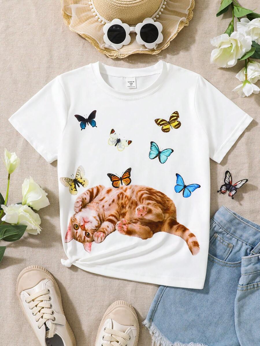 SHEIN Chicas Camiseta con mariposa & con estampado de gato - Blanco - Ver 1