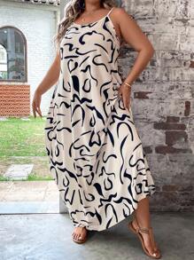 SHEIN LUNE 大碼滿版印花吊帶洋裝不附腰帶 - 杏色 - 查看 4