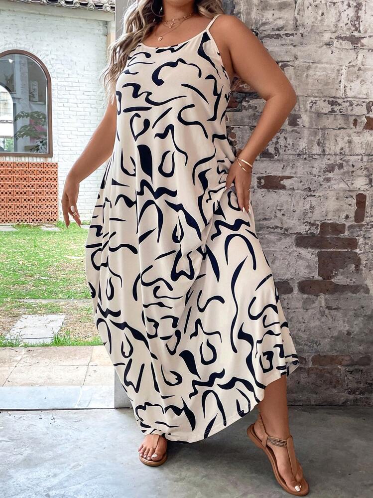 SHEIN LUNE 大碼滿版印花吊帶洋裝不附腰帶 - 杏色 - 查看 4