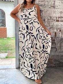 SHEIN LUNE 大碼滿版印花吊帶洋裝不附腰帶 - 杏色 - 查看 5