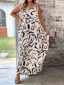 SHEIN LUNE 大碼滿版印花吊帶洋裝不附腰帶 - 杏色 - 查看 6