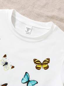 SHEIN Chicas Camiseta con mariposa & con estampado de gato - Blanco - Ver 6