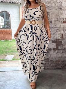 SHEIN LUNE 大碼滿版印花吊帶洋裝不附腰帶 - 杏色 - 查看 7