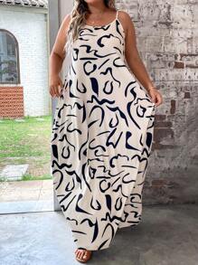 SHEIN LUNE 大碼滿版印花吊帶洋裝不附腰帶 - 杏色 - 查看 8