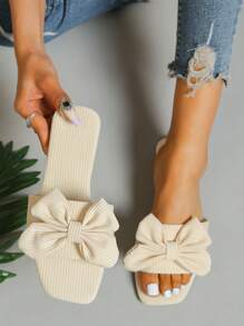 女性蝴蝶結裝飾平底學院淺褐色的織物涼拖 - 白色 - 查看 1