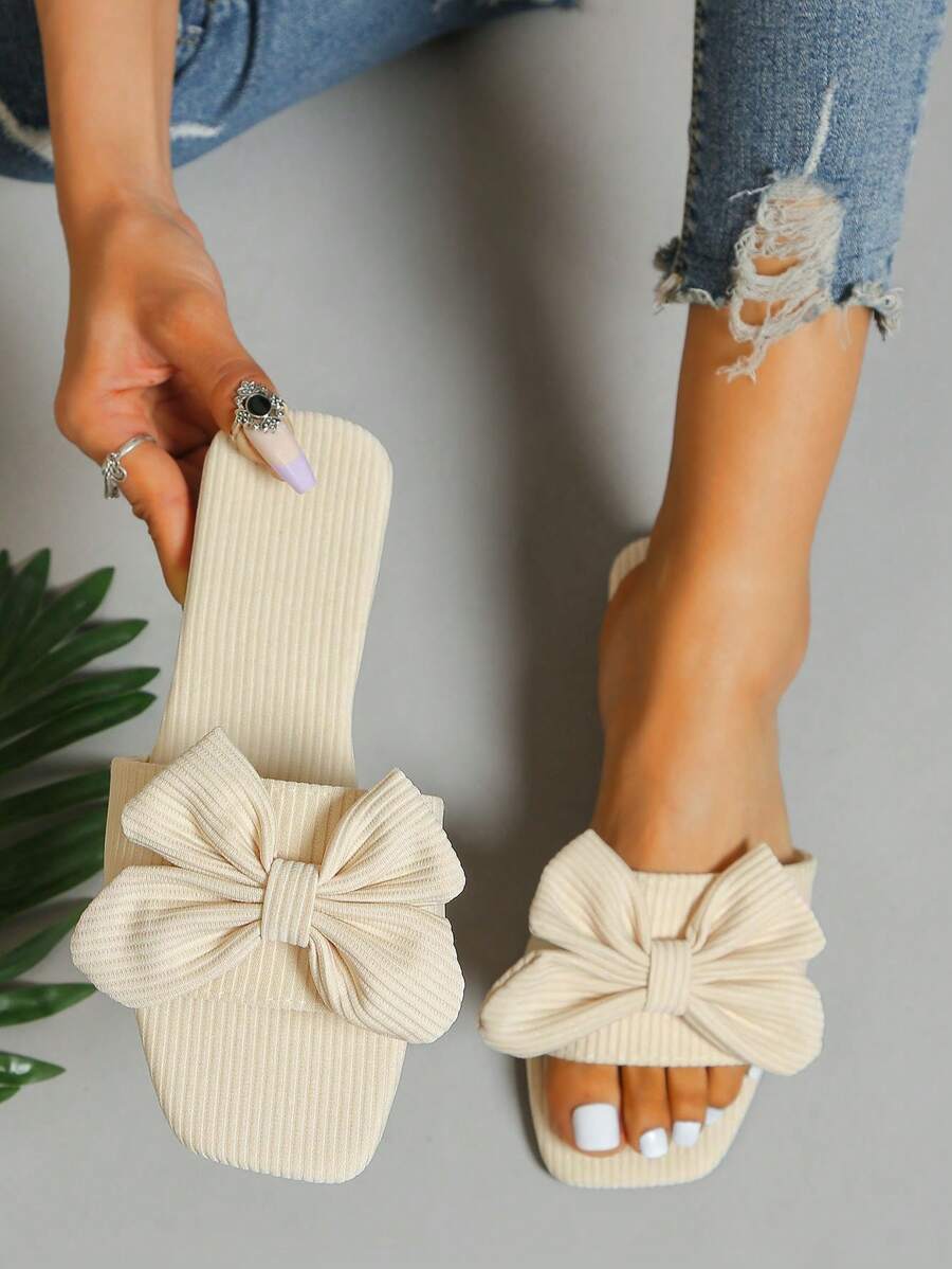 女性蝴蝶結裝飾平底學院淺褐色的織物涼拖 - 白色 - 查看 1