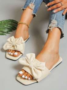 女性蝴蝶結裝飾平底學院淺褐色的織物涼拖 - 白色 - 查看 2