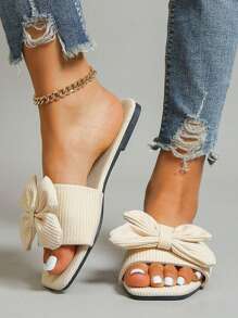 女性蝴蝶結裝飾平底學院淺褐色的織物涼拖 - 白色 - 查看 3