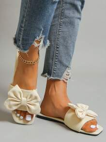 女性蝴蝶結裝飾平底學院淺褐色的織物涼拖 - 白色 - 查看 4
