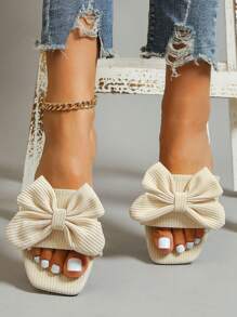 女性蝴蝶結裝飾平底學院淺褐色的織物涼拖 - 白色 - 查看 5