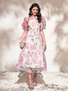 Mulvari 印花泡泡袖歐根紗覆蓋連衣裙 - 彩色 - 查看 2