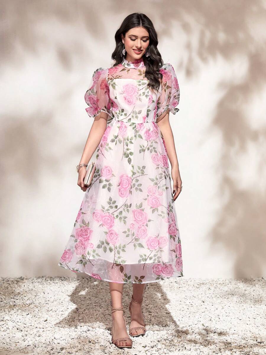 Mulvari 印花泡泡袖歐根紗覆蓋連衣裙