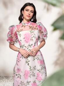 Mulvari 印花泡泡袖歐根紗覆蓋連衣裙 - 彩色 - 查看 4