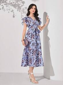 Seusyu Floral Print Ruffle Trim Belted Dress - Multicolor - View 1