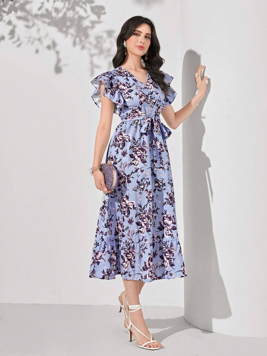 Seusyu Floral Print Ruffle Trim Belted Dress - Multicolor - View 1
